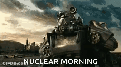 A Robot In A Gas Mask Is Standing In A Field With The Words `` Nuclear Morning '' Written On The Bottom . GIF