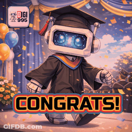 A Robot In A Graduation Cap And Gown Is Congratulated GIF