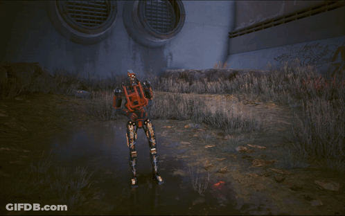 A Robot In A Video Game Is Standing In A Field Of Tall Grass GIF