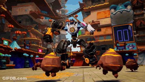A Robot In A Video Game With A Sign That Says ' Start ' On It GIF