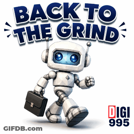 A Robot Is Carrying A Briefcase And The Words Back To The Grind Are Behind Him GIF