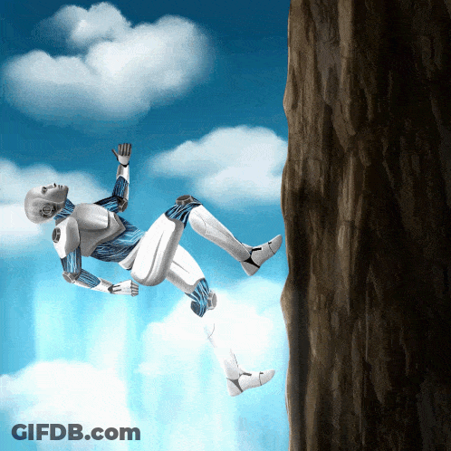 A Robot Is Climbing Up A Cliff With A Cloud In The Background GIF