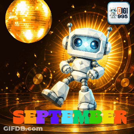 A Robot Is Dancing In Front Of A Disco Ball And The Word September Is Below It GIF