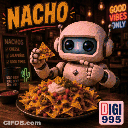 A Robot Is Eating A Plate Of Nachos With A Sign That Says Good Vibes Only In The Background GIF