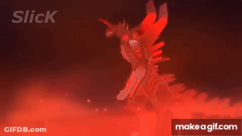 A Robot Is Flying Through The Air In A Dark Room With Red Lights . GIF