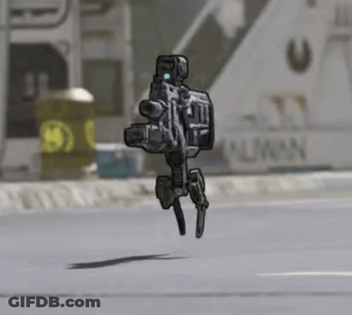 A Robot Is Flying Through The Air In Front Of A Building With The Letter U On It . GIF