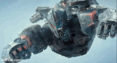 A Robot Is Flying Through The Air With A Gun . GIF