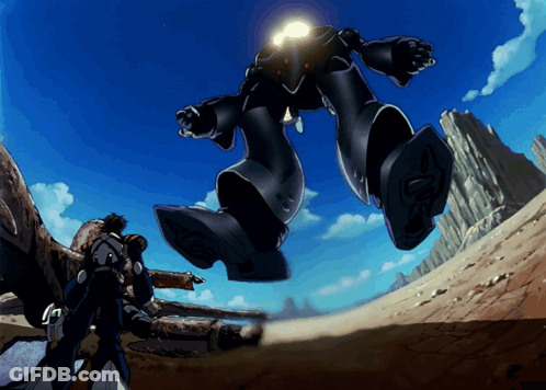 A Robot Is Flying Through The Air With A Man Standing In Front Of It GIF