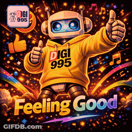 A Robot Is Giving A Thumbs Up And Wearing A Hoodie That Says Digi 995 GIF
