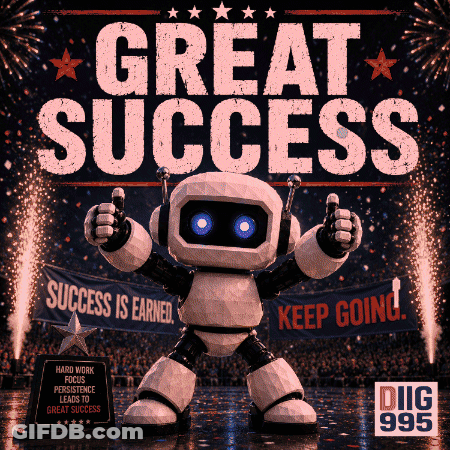 A Robot Is Giving A Thumbs Up In Front Of A Sign That Says Great Success GIF