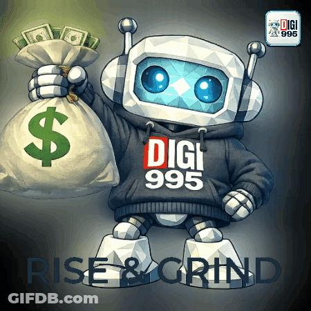 A Robot Is Holding A Bag Of Money And Wearing A Digi 995 Hoodie GIF