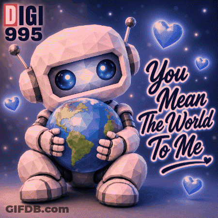 A Robot Is Holding A Globe With The Words You Mean The World To Me GIF