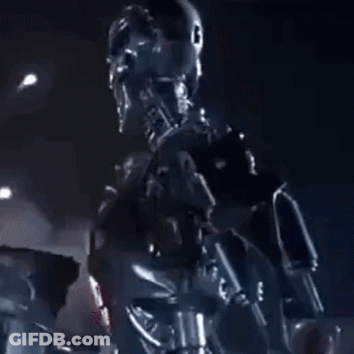 A Robot Is Holding A Gun In A Dark Room With A Purple Light Behind It . GIF