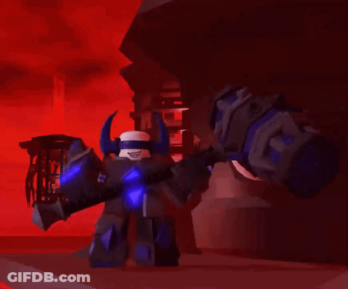 A Robot Is Holding A Large Hammer With A Blue Light Coming Out Of It GIF