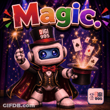 A Robot Is Holding A Magic Wand And A Top Hat In Front Of A Stage That Says Magic GIF