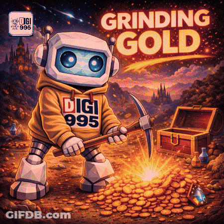 A Robot Is Holding A Pickaxe And Wearing A Hoodie That Says Digi 995 GIF