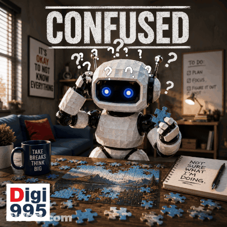 A Robot Is Holding A Puzzle Piece In Front Of The Words Confused GIF