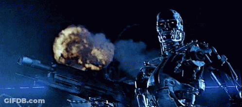 A Robot Is Holding A Rifle In A Dark Room With A Blue Light Behind Him . GIF
