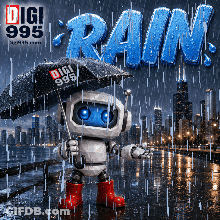 A Robot Is Holding An Umbrella In The Rain With The Word Rain Behind Him GIF