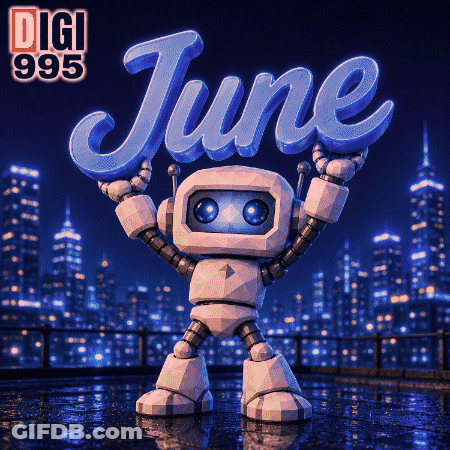 A Robot Is Holding Up The Word June In Front Of A City GIF