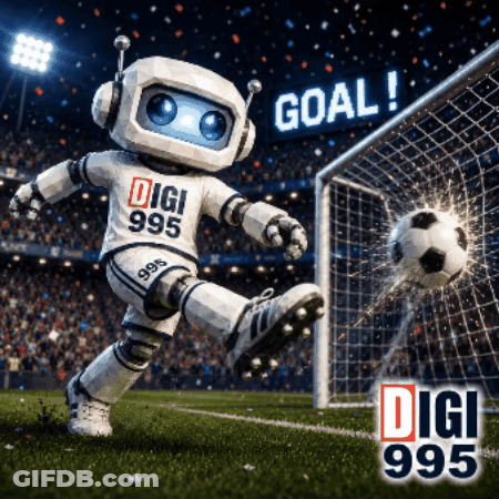 A Robot Is Kicking A Soccer Ball In A Goal With The Words Goal In The Background GIF