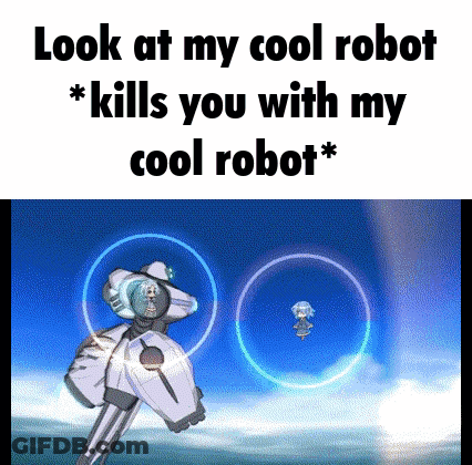 A Robot Is Killing Another Robot In A Video Game And Says `` Look At My Cool Robot Kills You With My Cool Robot '' . GIF