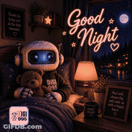 A Robot Is Laying In A Bed With A Teddy Bear And A Good Night Message GIF