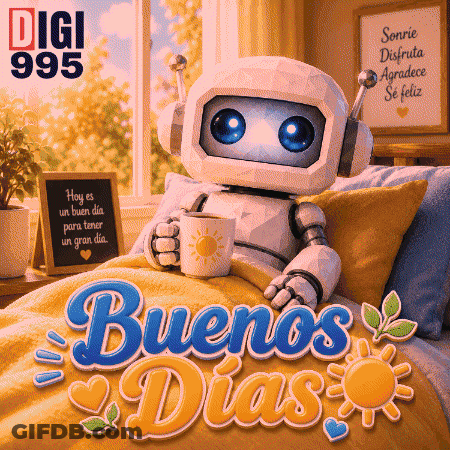 A Robot Is Laying In Bed Holding A Cup Of Coffee With The Words Buenos Dias Written Below It GIF