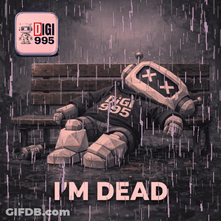 A Robot Is Laying On A Bench In The Rain With The Words I 'M Dead Below It GIF