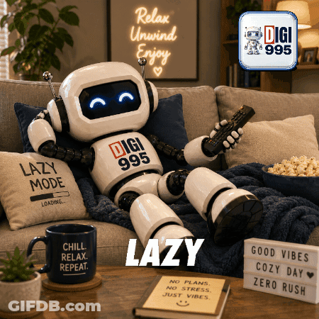 A Robot Is Laying On A Couch Holding A Remote Control And Wearing A Digi 985 Shirt GIF