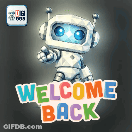 A Robot Is Pointing At The Word Welcome Back GIF