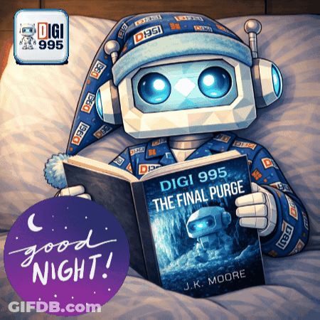 A Robot Is Reading A Book Called The Final Purge By J.k. Moore GIF