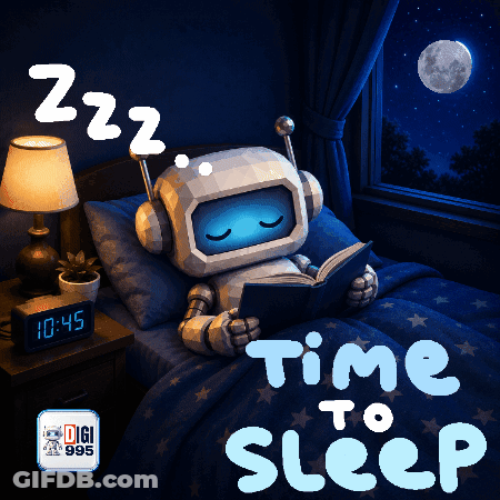 A Robot Is Reading A Book In A Bed With The Words Time To Sleep Above It GIF