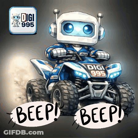 A Robot Is Riding A Blue Atv That Says Digi 995 On It GIF