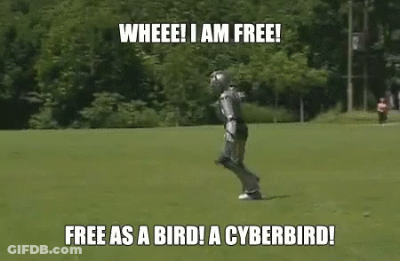 A Robot Is Running In A Field With The Words `` Free As A Bird ! A Cyberbird ! '' Written On It . GIF