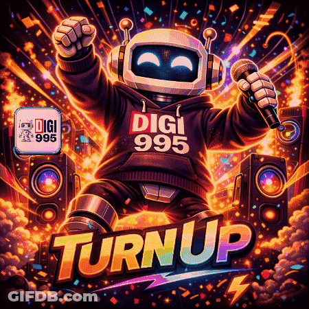 A Robot Is Singing Into A Microphone And Wearing A Digi 995 Sweatshirt GIF