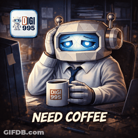 A Robot Is Sitting At A Desk Holding A Mug That Says Digi 995 On It GIF