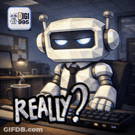 A Robot Is Sitting At A Desk With A Cup Of Coffee And The Word Really GIF