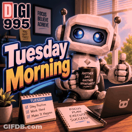A Robot Is Sitting At A Desk With A Laptop And A Mug That Says Another Day Another Opportunity GIF