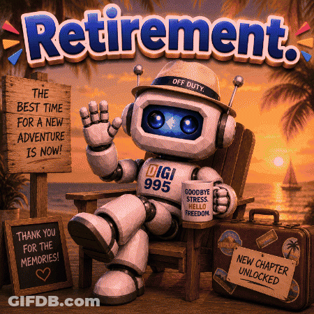 A Robot Is Sitting In A Chair With A Mug That Says Goodbye Stress And Welcome Freedom GIF