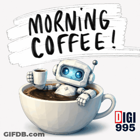 A Robot Is Sitting In A Cup Of Coffee With The Words Morning Coffee Behind It GIF