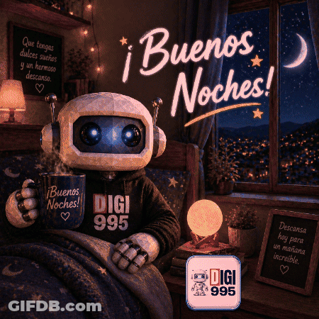 A Robot Is Sitting In Bed Holding A Mug That Says Buenos Noches GIF