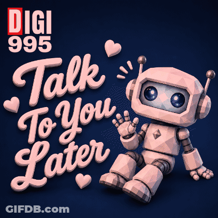 A Robot Is Sitting In Front Of A Sign That Says Talk To You Later GIF