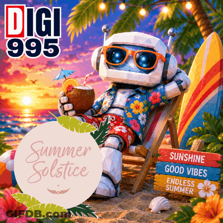 A Robot Is Sitting On A Beach With A Sign That Says Sunshine Good Vibes And Endless Summer GIF
