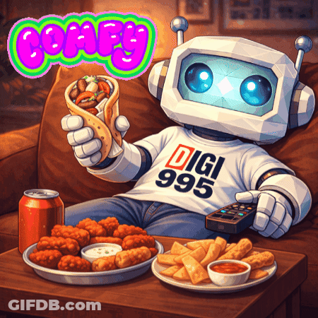 A Robot Is Sitting On A Couch Eating Food And Wearing A Shirt That Says Digi 995 GIF