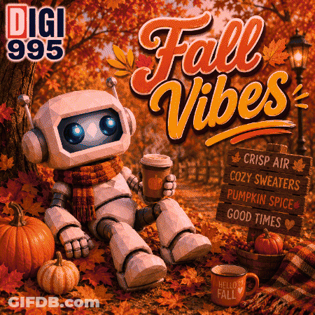 A Robot Is Sitting Under A Tree Holding A Cup Of Coffee And A Mug That Says Hello To Fall GIF