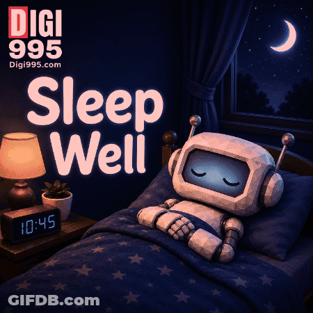 A Robot Is Sleeping In A Bed With The Words Digi 995 Sleep Well Above It GIF