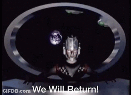A Robot Is Standing In A Circle With The Words `` We Will Return '' . GIF