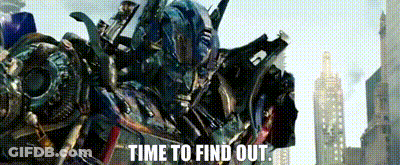 A Robot Is Standing In A City With The Words `` Time To Find Out '' Written Below It . GIF