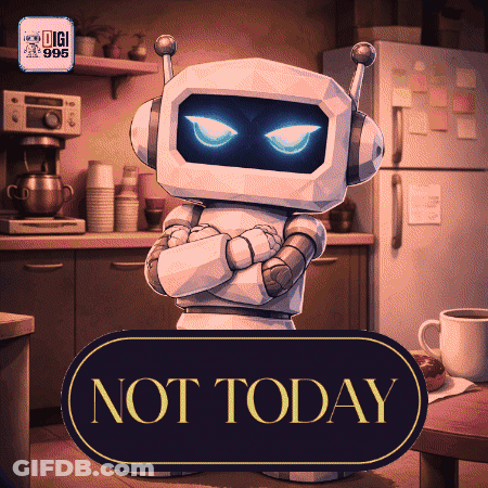 A Robot Is Standing In A Kitchen Next To A Not Today Sign GIF